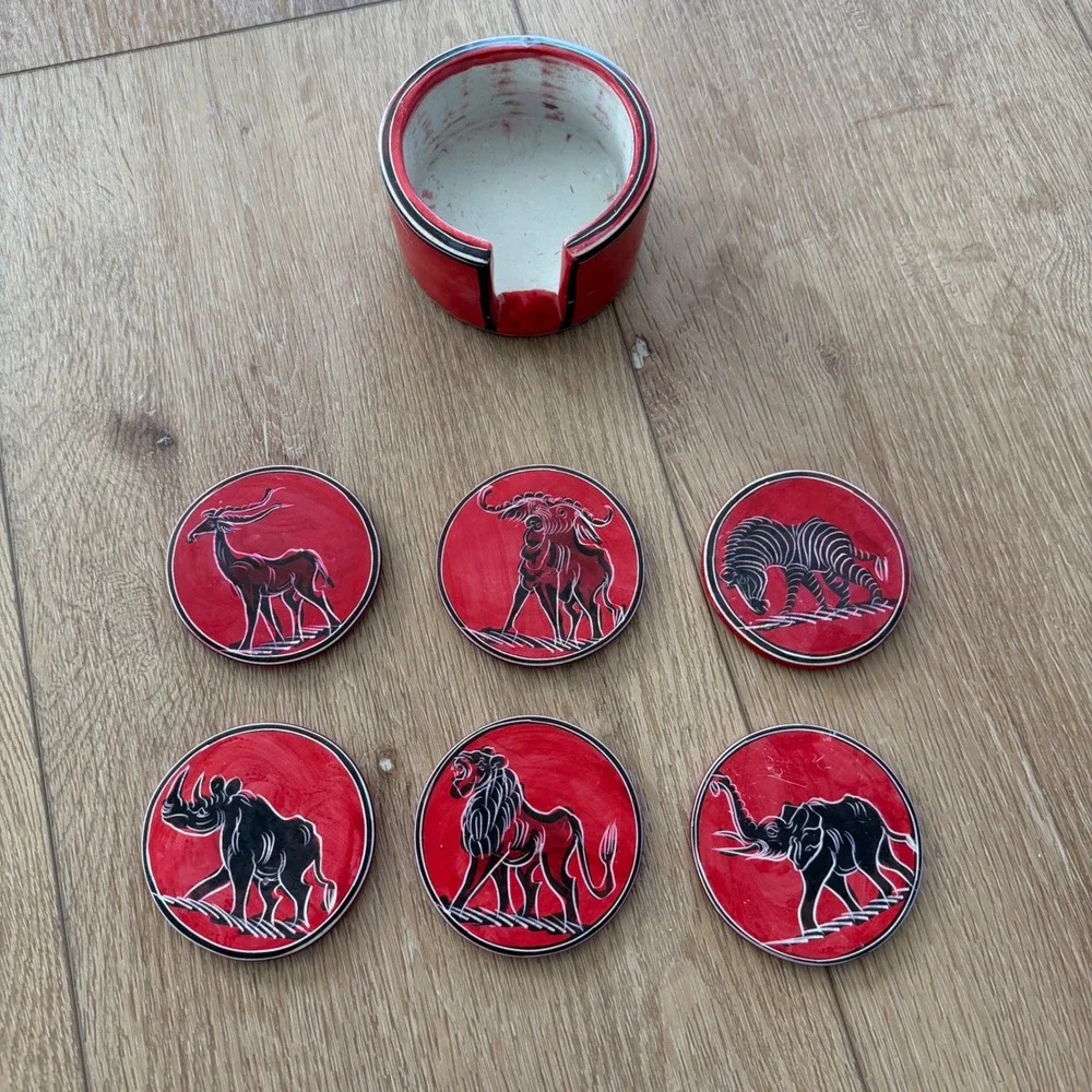 African Soapstone Coaster Set of 6 with Holder Red Black Etched Safari Animals